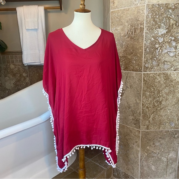 RED FRINGE SWIM COVERUP OSFM - Picture 2 of 7